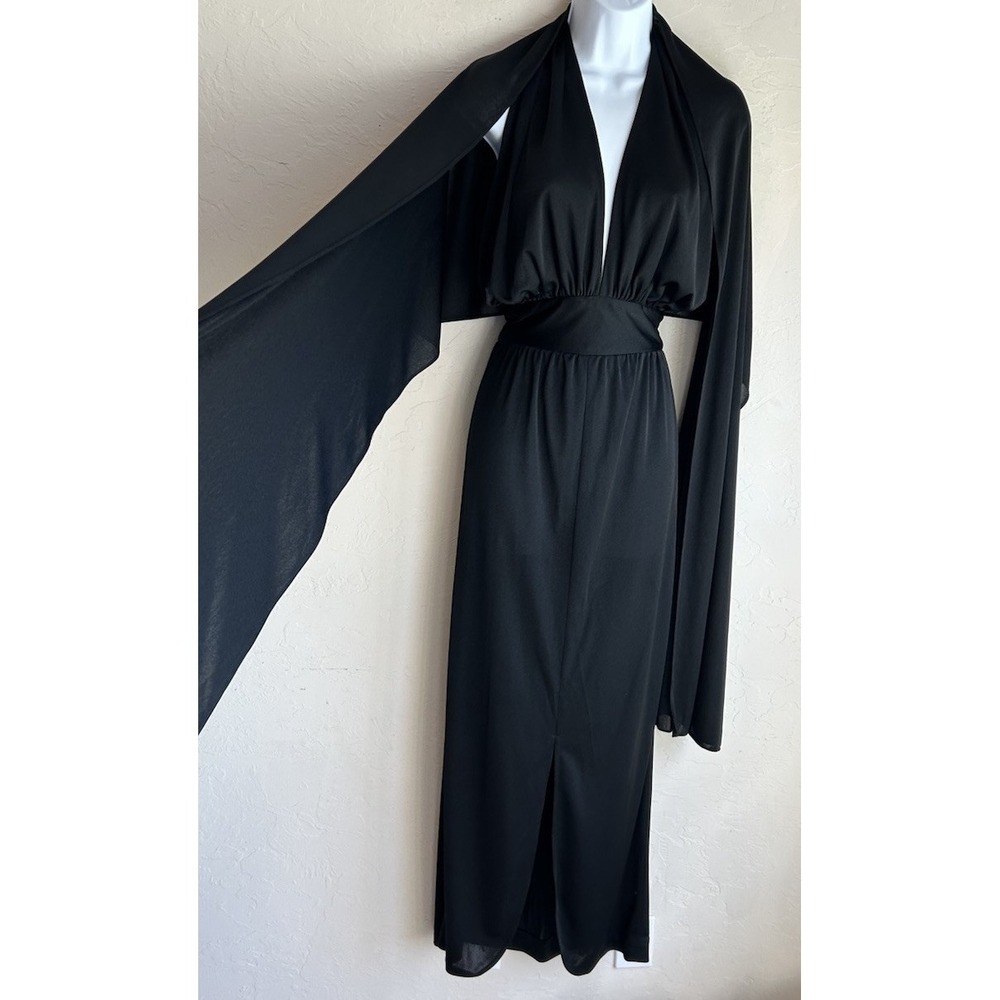 Vintage 1970s Joy‎ Rhodes Kuniko Black Halter Maxi Dress XS Open Back Shawl Cape